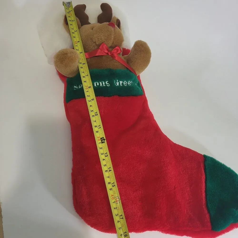 Christmas Stocking Reindeer Seasons Greetings Plush Vintage Red Green 17